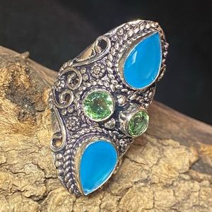Chalcedony + Green Peridot handcrafted Renaissance ring